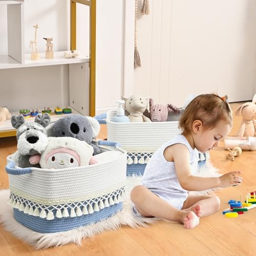 3 Pack Storage Basket for Shelves, Boho Cotton Rope Storage Bins with Heavy Tassel, Shelf Baskets Large Woven Baskets for Organizing, Cube Organizer Bins, Baby Laundry Basket for Clothes, Toys, Pets - Image 2