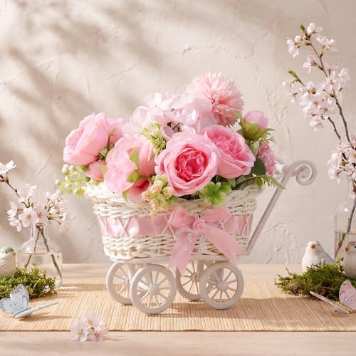 3 Pack Pink Rattan Stroller Centerpieces Bouquet Baby Shower - Image 4