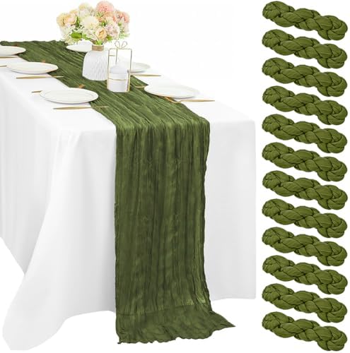 12 Pieces 10FT Olive Green Cheesecloth Table Runner Boho Gauze Fabric Runner for Tables Rustic Sheer Runner for Wedding Bridal Shower Birthday Holiday Party Table Arbor Decor (35 x 120 Inches Long) by Sunnyline