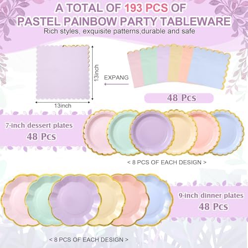 Yungyan 193 Pcs 48 Set Pastel Party Supplies, Gradient Rainbow Party Plates and Napkins Set with Tablecloth, Disposable Handle Teacups and Saucers for Birthday Wedding Bridal Shower Decorations - Image 2