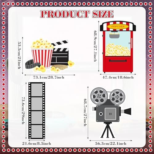 Honoson 4 Pcs Large 30" Movie Night Party Decoration Cardboard Cutouts Film Popcorn Clapperboard Lifesize Stand-ups for Awards Red Carpet Birthday Photo Backdrop Props Supplies - Image 3