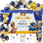 122 PCs Royal Prince Baby Shower Decorations for Boy, Fiesec A Little Prince Is On The Way Its Royal Baby Shower Backdrop Balloon Garland Banner Cake Cupcake Topper Crown Star Blue White Gold by Fiesec