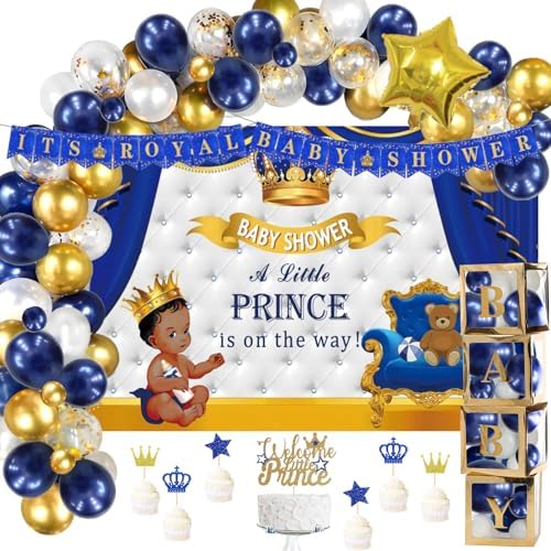 122 PCs Royal Prince Baby Shower Decorations for Boy, Fiesec A Little Prince Is On The Way Its Royal Baby Shower Backdrop Balloon Garland Banner Cake Cupcake Topper Crown Star Blue White Gold by Fiesec
