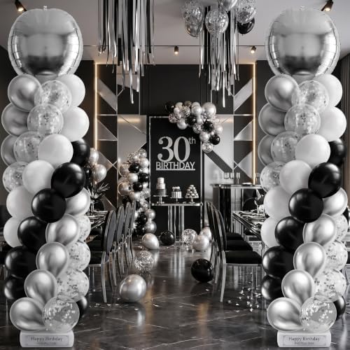 2 Sets Black Silver White Balloon Column Stand Kit, Adjustable Floor Tower with Foil & Latex Balloons for Birthday Wedding Anniversary Retirement Disco Bachelorette Party Backdrop by Sonwyoung