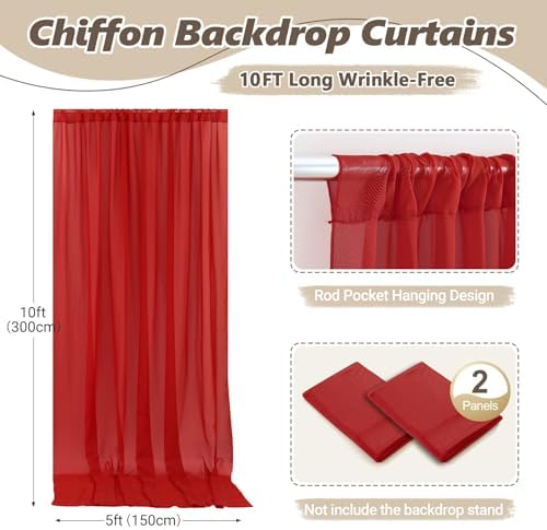 10ft x 10ft Red Backdrop Curtain Drapes, Wrinkle-Free Sheer Chiffon Fabric Photo Backdrop Panels for Wedding Arch Party Ceremony Stage Decoration - Image 4