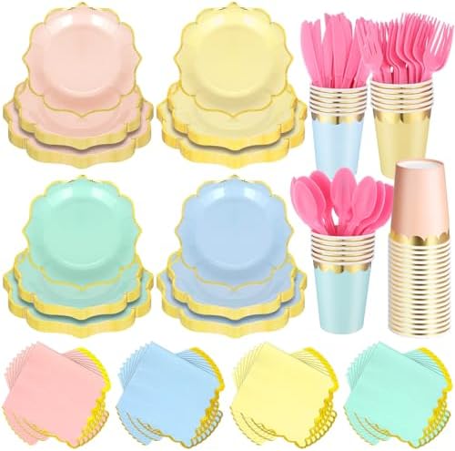 Yaomiao 336 Pcs 48 Guests Pastel Party Plate Set Supplies, Irregular by Yaomiao