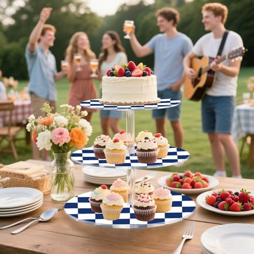 J JOYSAY Chess Checkerboard Blue White Print Acrylic Cupcake Stand 3 Tier Dessert Table Display Set Clear Cake Stands for Baby Shower Party Wedding Decorations Easy Assembly Macaron Tower - Image 6