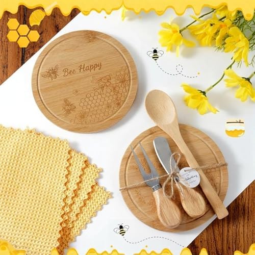 6 Sets Bee Baby Shower Prizes for Game Winners, Round Bamboo Cheese Board Gift Set with Yellow Daisy Towel Tag for Bridal Shower Wedding Guest Favors - Image 5