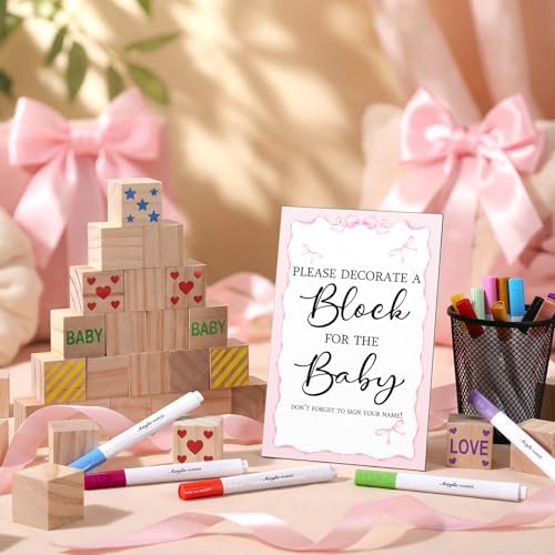 Tatuo 75 Pcs Baby Shower Party Block Games Sign to Decorate,Pink Bow - Image 4