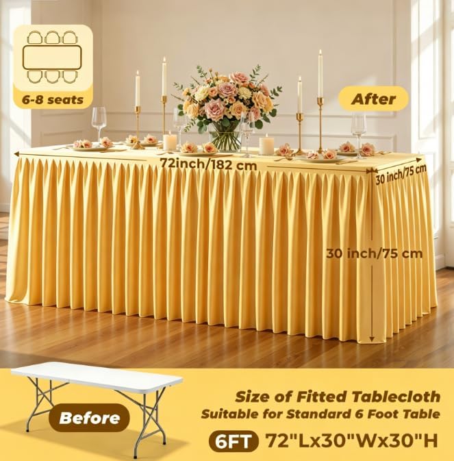 Gold Polyester Table Cloths for Rectangle 6 Foot Tables, 6 Pack Wrinkle Free Tablecloths Stretchy Banquet Ruffle Fitted Table Cover Desk Skirt for Parties Wedding Birthday Baby Shower - Image 5