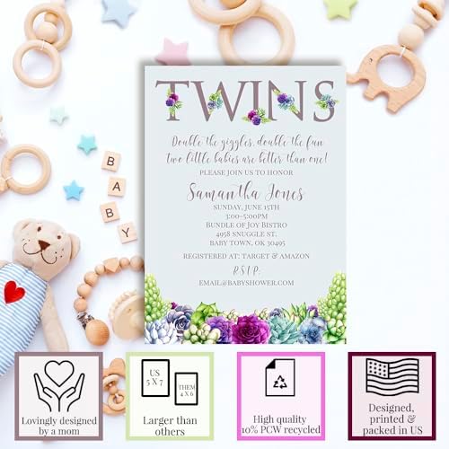 Amanda Creation Custom Baby Shower Invites Baby Succulents Twins Baby Shower Invitation 20 5x7 Custom Personalized S Invites With Envelopes - Image 2