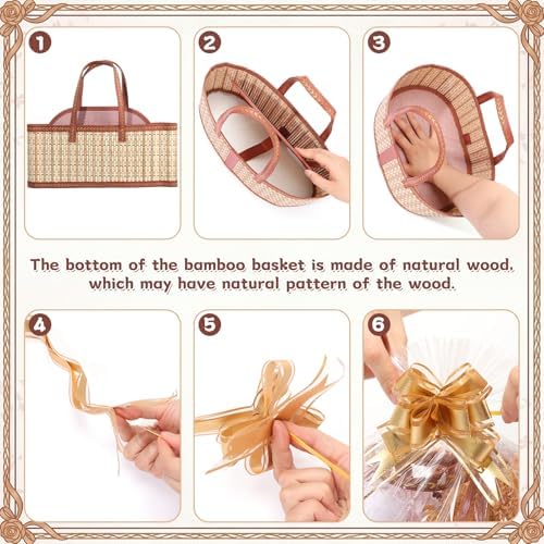 Reallnaive 12 Set Gift Basket Empty Woven Bamboo Storage Baskets with Clear Gift Bags Pull Bows Ribbon Foldable DIY Gifts Basket Kit with Handle for Baby Shower Housewarming - Image 3