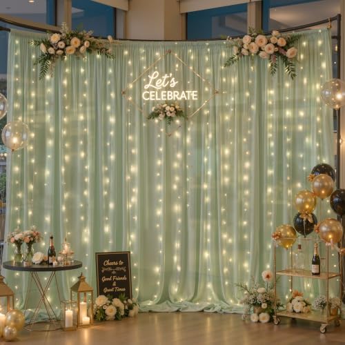 10ft x 10ft Sage Green Chiffon Backdrop Curtain with Lights String for Parties,2 Panels Sheer Tulle Curtain Wedding Backdrop for Baby Shower Birthday Party Ceremony Reception Home Decorations - Image 3