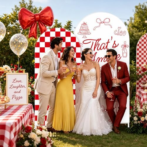 FYSUIMU 2 Pcs That's Amore Arch Backdrop Covers Red Plaid Pizza Pasta Stretchy Spandex Arch Stand Fabric Cover for Italian Party Wedding Bridal Shower Bachelorette Engagement Decorations (5ft/6ft) - Image 6