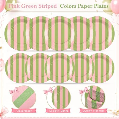 Mimorou 350 Pcs Pink and Green Striped Party Tableware for 50 - Image 4