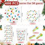 Funnymoom 400 Pcs Christmas Party Supplies, Christmas Lights Paper Plates and Napkins Cups Set with Spoons Forks Knives, Xmas Light Tableware Set for Holiday Xmas Party Decorations - Image 2