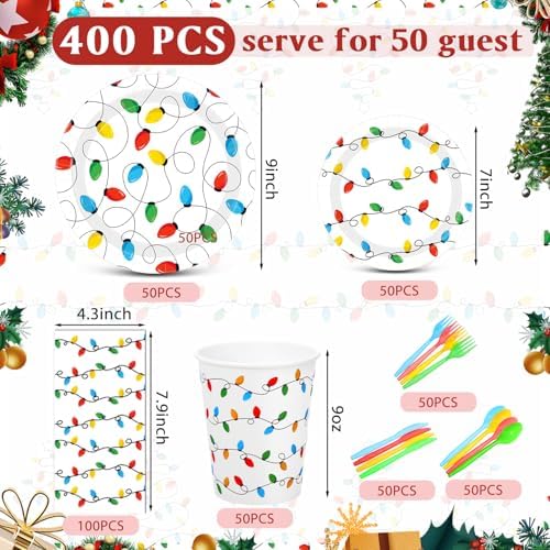 Funnymoom 400 Pcs Christmas Party Supplies, Christmas Lights Paper Plates and Napkins Cups Set with Spoons Forks Knives, Xmas Light Tableware Set for Holiday Xmas Party Decorations - Image 2