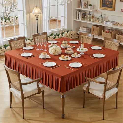 Wish Care Rust Spandex Tablecloths for 54x54 Inch Square Tables, Stretch Fitted Table Clothes with Pleated Ruffle Skirt for 54” Table, Wrinkle Free and Elastic, for Party Kitchen Home Dining by WishCare