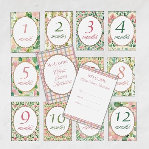Personalized Baby Milestone Cards – 13 Printed Two Sided Cards with Welcome Card, Monthly Baby Milestones 1–12 Months, First Year Baby Keepsake by TheDecoratedFlamingo