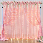 10ft x 10ft Baby Pink Backdrop Curtain with Lights String for Parties,2 Panels Sheer Tulle Curtain Wedding Photo Backdrop with Lights for Baby Shower Birthday Party Ceremony Home Decorations by Partisky