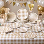 Funnymoom 452 Pcs Brown Gingham Party Supply for 50, Beige Plates Napkins - Image 4