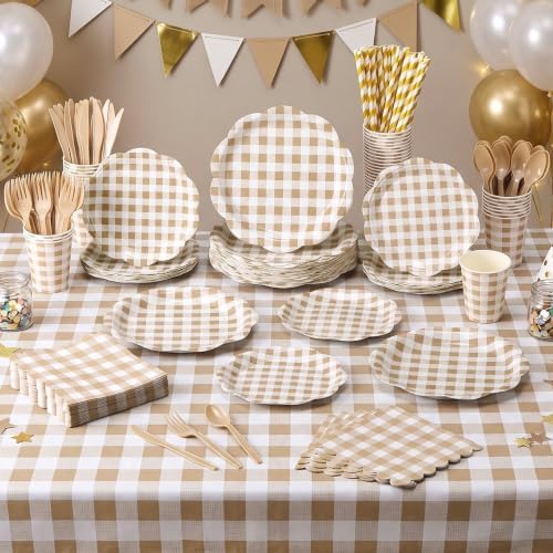 Funnymoom 452 Pcs Brown Gingham Party Supply for 50, Beige Plates Napkins - Image 4
