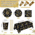 Funnymoom 452 Pcs Christmas Snowflake Party Supplies Black Gold and Sliver Snowflake Paper Plates and Napkins Cups Tablecloth Cutlery Straws for 50 Guests Winter Xmas Birthday Party Decoration - Image 2