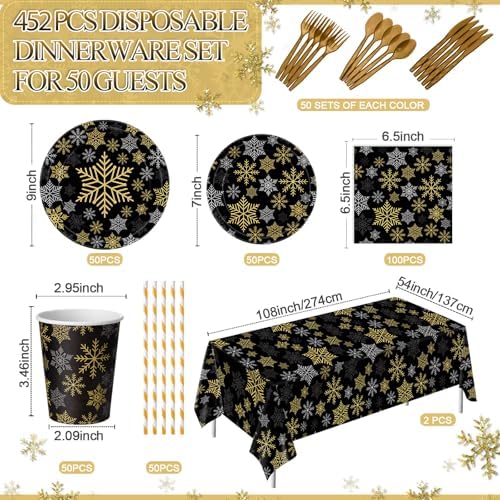 Funnymoom 452 Pcs Christmas Snowflake Party Supplies Black Gold and Sliver Snowflake Paper Plates and Napkins Cups Tablecloth Cutlery Straws for 50 Guests Winter Xmas Birthday Party Decoration - Image 2