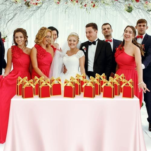 AmazingSpark 50 Pcs Red Gold Mini Gift Bags Bulk 6.3 x 3.9 x 2.8 Inch Party Favors Elegant Small Gift Bags with Handles and Ribbon Bows for Wedding Birthday Bridal Baby Shower Party Favors - Image 2