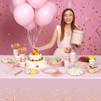 352 Pcs Pink and Rose Gold Birthday Party Supplies Severs 50 Guests Paper Plates Cups Napkins, Plastic Tablecloths Forks Knives Spoons Pink Disposable Dinnerware Set for Baby Shower Birthday Wedding - Image 5