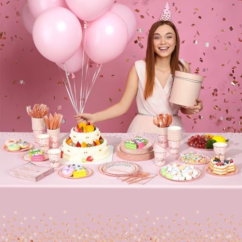 352 Pcs Pink and Rose Gold Birthday Party Supplies Severs 50 Guests Paper Plates Cups Napkins, Plastic Tablecloths Forks Knives Spoons Pink Disposable Dinnerware Set for Baby Shower Birthday Wedding - Image 5