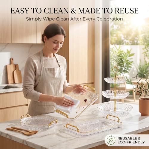 INSYOHO 6pcs Dessert Table Display Set - 3-Tier Cupcake Stand, Round Trays, Rectangular Treat Food Serving Trays, Gold Clear Tiered Dessert Stand Cup Cake Tower for Birthday Baby Shower Tea Party - Image 6