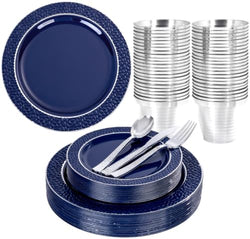 Ciaell 150 PCS Blue and Silver Plastic Plates - Blue Disposable Plate include 50 Plates, 25 Knives, 25 Forks, 25 Spoons, 25 Cups for Weddings & Party by Ciaell