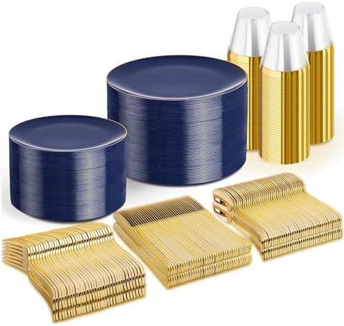 WDF 300PCS Navy Blue Plates Disposable - Blue Plastic Plates 50guest Heavy Duty Plastic Dinnerware Sets for Party/Wedding/Birthday by WDF