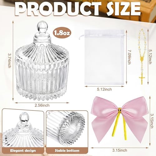 Chuangdi 12 Sets 48 Pcs Baptism Favors for Guests Crystal Candy Bowl Gifts with 12 Pcs Cross Rosary for Baptism Decorations Wedding Baby Shower Party Supplies First Communion (Pink) - Image 3