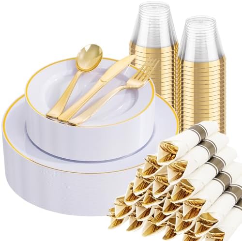 SUT 175 Pcs White and Gold Plastic Plates, Plastic Dinnerware Set for 25 Guests, Disposable Plates and Napkins Party Supplies, Gold Silverware, Plates, Cups and Napkins Sets for Party, Weddings by SeeYouTomorrow