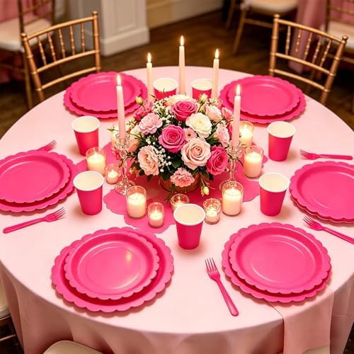 200Pcs Hot Pink Party Plates and Napkins, 9’’ Disposable Scalloped Hot Pink Paper Plates and 7’’ Hot Pink Dessert Plates Cups Napkins Forks Party Supplies for Birthday Party Decorations, Serves 40 - Image 5