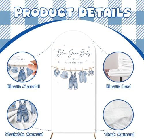 3PCS Blue Jean Baby Shower Arch Backdrop Cover 4ft 5ft 6ft Stretchy Spandex A Blue Jean Baby is on the Way Backdrop for Denim Baby Shower Gender Reveal Decorations Party Supplies Photo Props - Image 6