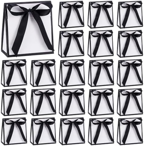 AHANDMAKER 24Pcs Small Gift Packing Bags with Ribbon 5.11 x 2.36 x 5.5 Inch Gift Bags Black Treat Boxes for Birthday Wedding Baby Shower Christmas Store Retail Party Decorations by AHANDMAKER