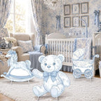 3Pcs Blue Toile de Jouy Baby Shower Decorations, Blue Bear Rocking Horse Carriage Cardboard Cutouts Gender Reveal Photo Booth Props Corrugated Plastic Nursery Toile De Jouy Decor Birthday Party - Image 6