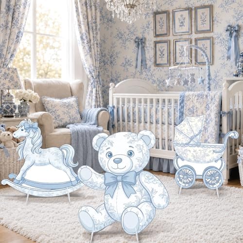 3Pcs Blue Toile de Jouy Baby Shower Decorations, Blue Bear Rocking Horse Carriage Cardboard Cutouts Gender Reveal Photo Booth Props Corrugated Plastic Nursery Toile De Jouy Decor Birthday Party - Image 6