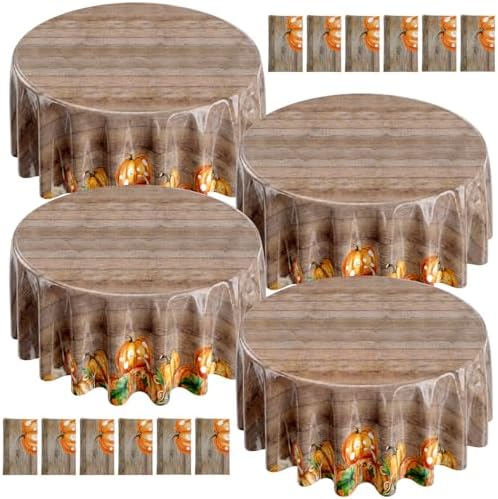 Ganeen 12 Pcs Fall Plastic Tablecloth Round Wood Grain Pumpkin 84 x 84 in by Ganeen