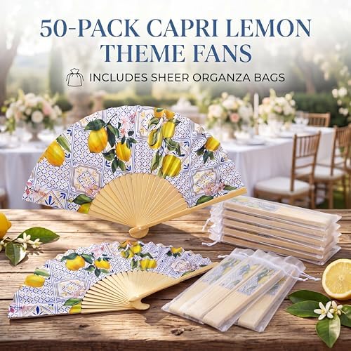 Vercraft 50 Sets Lemon Folding Hand Fans with Organza Bags Bulk, Wedding Favors for 50 Guests, Capri Mediterranean Paper Fans Bulk, Bridal Shower Party Favors Bridesmaid Gifts Summer Outdoor Decor - Image 3