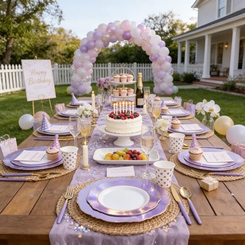 WDF 60pcs Purple Plates Disposable with Gold Rim - Baroque Light Purple Plastic Plates - Lavender Plates for Wedding/Birthday - Image 7