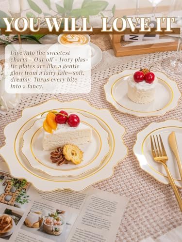 WDF 100PCS Ivory Plastic Plates with Gold Rim - Cream Plastic Plates - Include 50 Dinner & 50 Dessert Fancy Disposable Plate for Party - Heavy Duty Beige Plate for Baby Shower/Wedding - Image 4