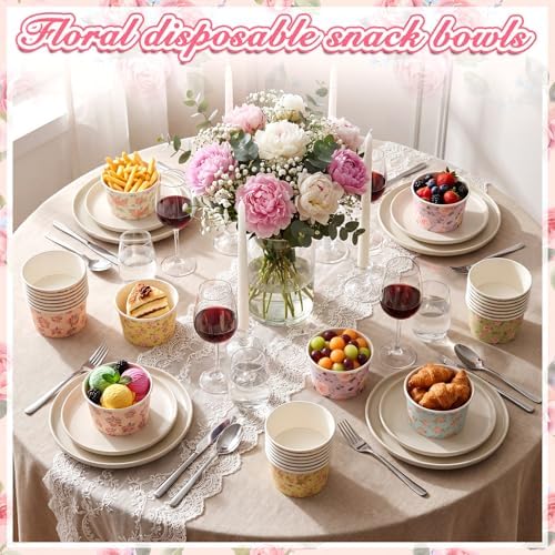 CHENGU 300 Pcs Floral Ice Cream Cups 8oz Disposable Treat Snack Cups Retro Flower Pattern Paper Bowls for Soup Yogurt Cupcake Hot or Cold Food Wedding Baby Shower Tea Party Supplies - Image 7