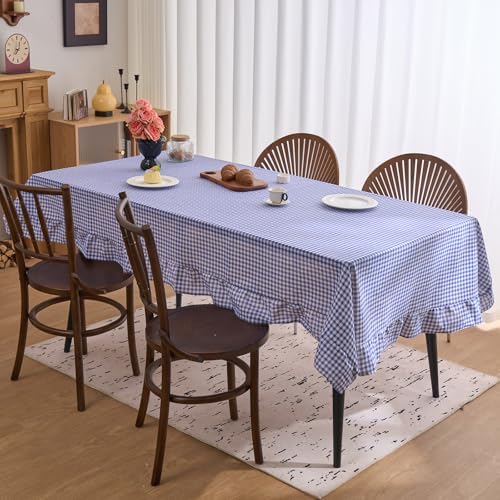 vctops Farmhouse Blue Gingham Ruffle Table Cloth, Boho Cotton Linen Tablecloth, Washable Table Cover for Rectangle Table Baby Shower Kitchen Party Wedding Decor (Blue,55"x78") - Image 3