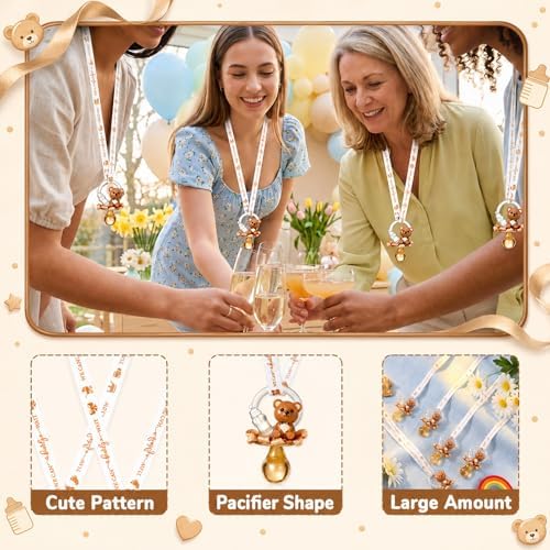 Coume 72 Pcs Baby Shower Pacifiers Necklace Cute Bear Bottle Acrylic Pacifiers Necklaces for Baby Shower Games Guests Gender Reveal Party Favors Prize Decorations DIY (White,Brown,Elegant) - Image 4