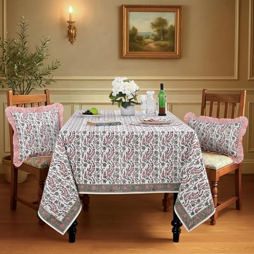 Ridhi Coral Pink Hand Block Print Cotton Tablecloth 90x60 Inch Rectangle - Image 2