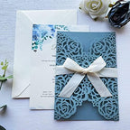 50Pcs Personalized Dusty Blue Wedding Invitations Cards Kits 5'' x 7.3'' Laser Cut Hollow Rose Flora Pocket with Envelopes for Wedding Bridal Shower Quinceanera Invite - Image 4